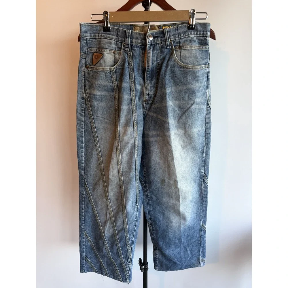 VNTG AKADEMICS Men's Stripped Denim Jeans Wide Leg Cargo Skating Baggy Y2K 32x28